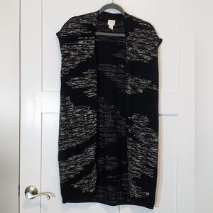 Chico's Long Cardigan Sweater Duster Sleeveless Vest Black White Tweed S…